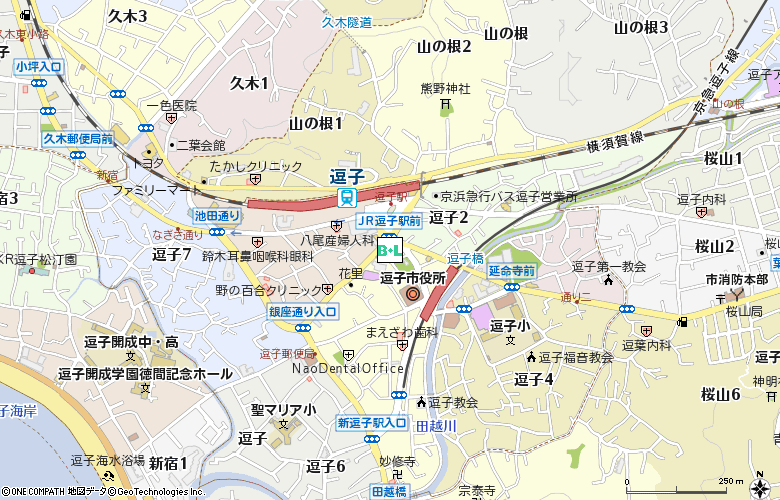 タカキョーコンタクト逗子駅前店付近の地図